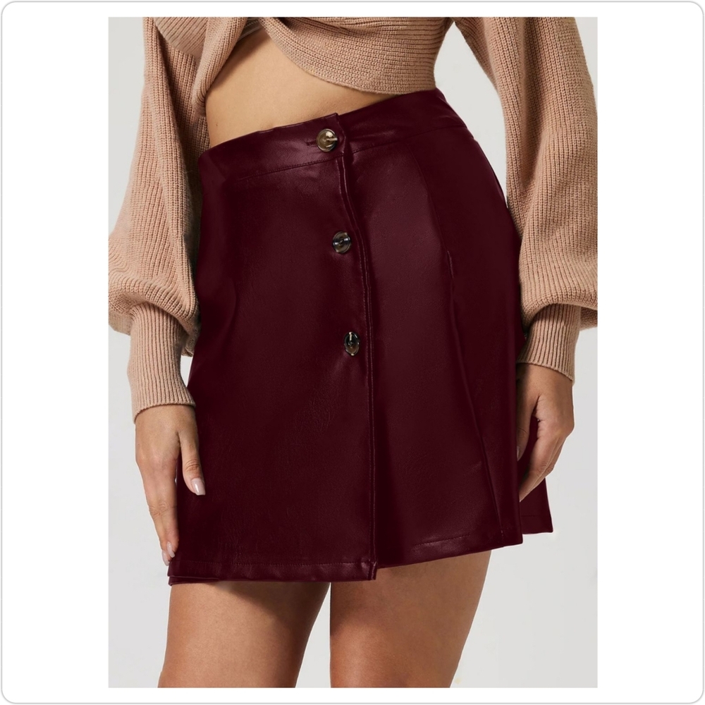 Burgundy High-Rise Mini Skirt with Classic Button Accents